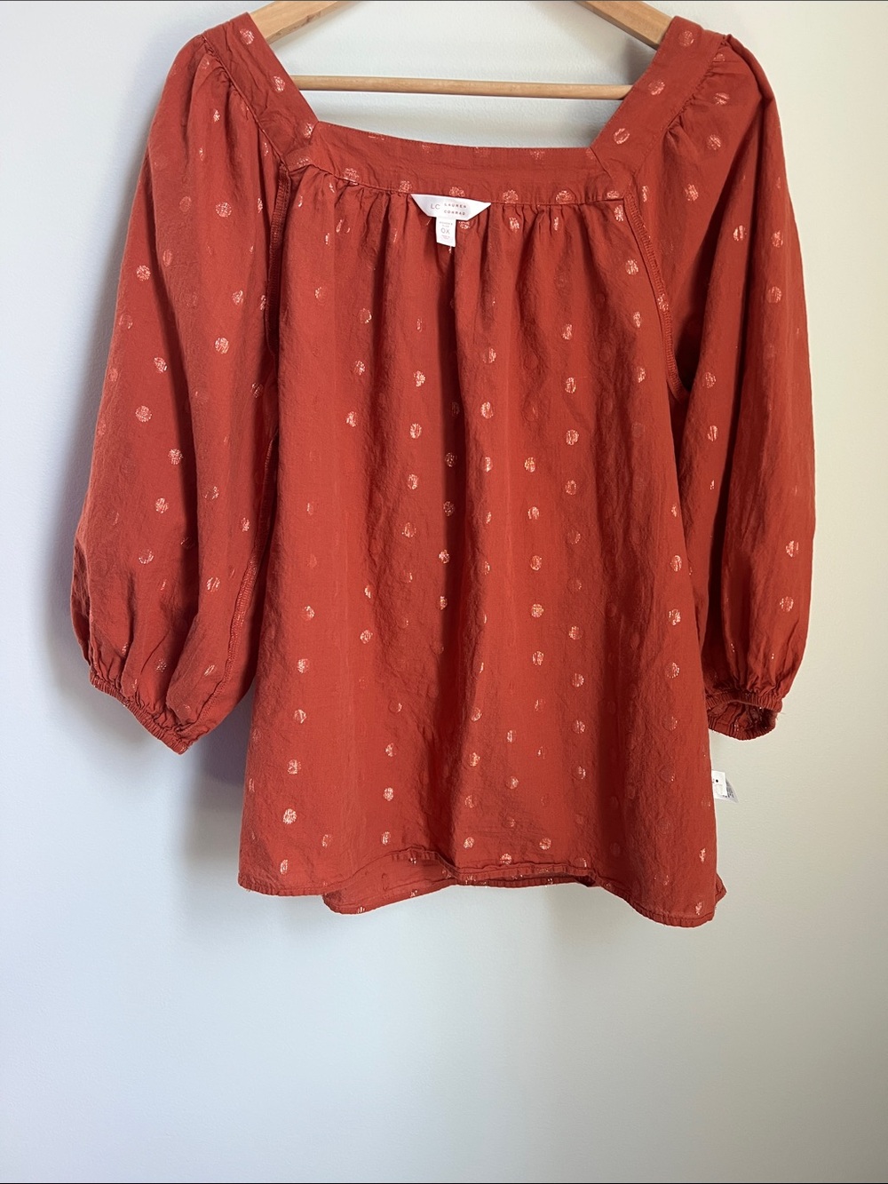 LC Lauren Conrad | Womenâs Rust Red Off-Shoulder Peasant Top Metallic Dots Sz 0X - Picture 12 of 16